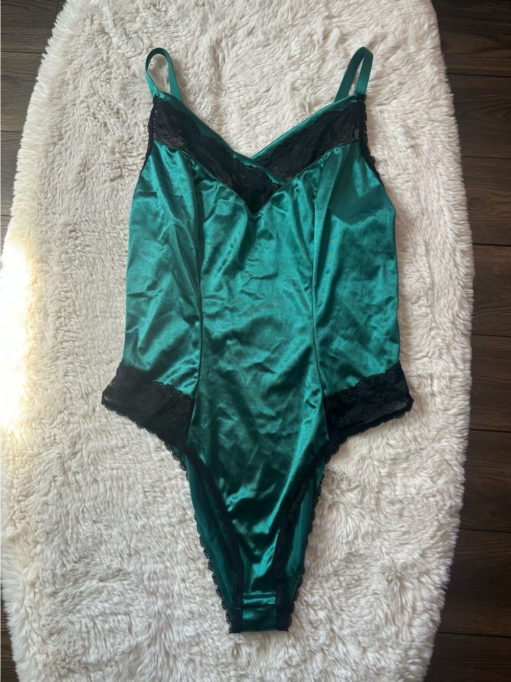 Emerald Green Satin Lace Trim Teddy Bodysuit
